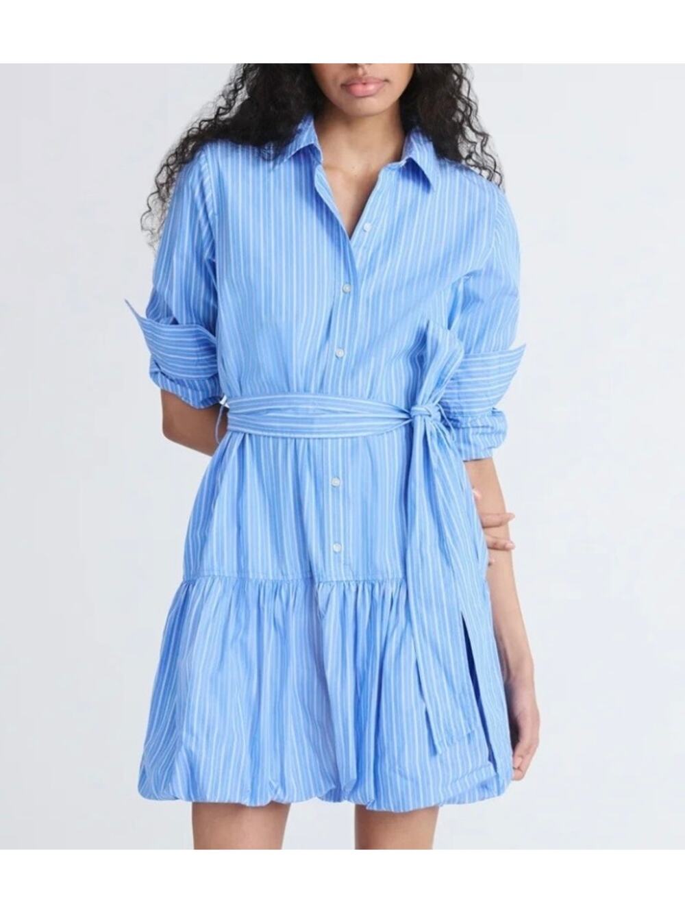 Free Assembly Bubble Hem Cotton Mini Dress Long Sleeve Blue Striped Size XS NWT
